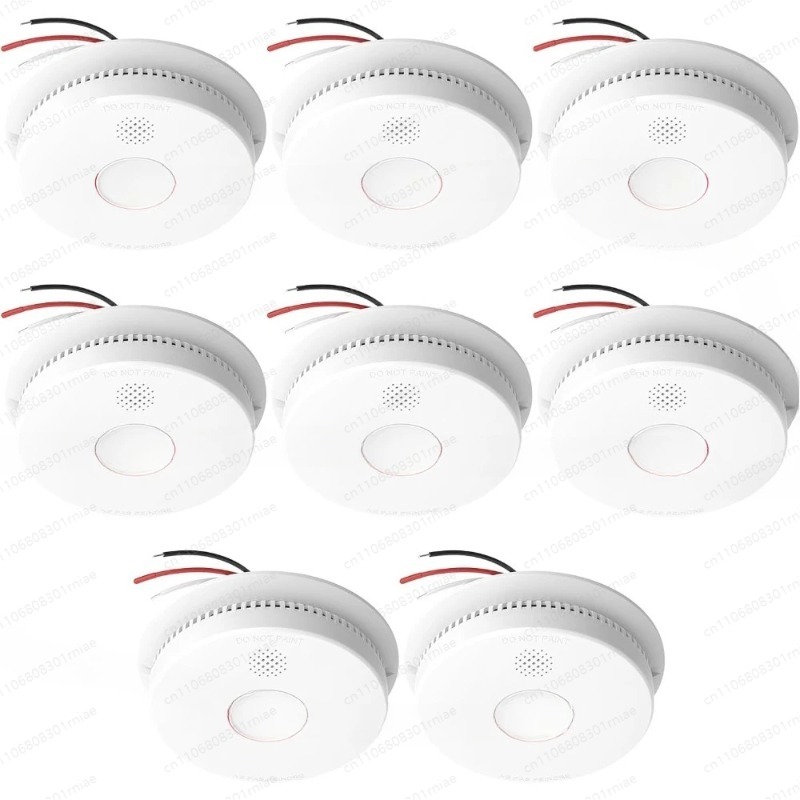Smoke Detector Interconnected - คุณภาพสูง-8 ชิ้น, เครื่องตรวจจับควันแบบเชื่อมต่อสายไฟ, เครื่องตรวจจับควันแบบโฟโตอิเล็กทริกพร้อมแบตเตอรี่สำรอง 9V, ปุ่มทดสอบ/ปิดเสียง